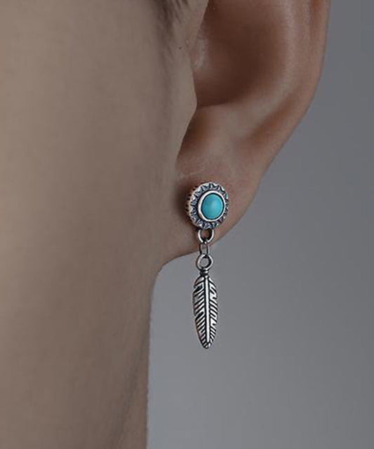 Men Blue Sterling Silver Turquoise Feather Stud Earrings QJ008