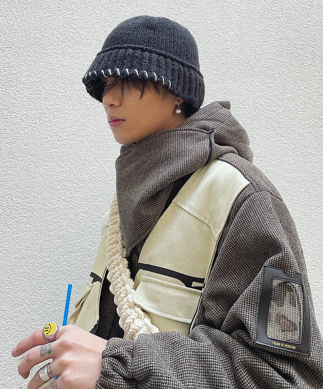 Modern Apricot Versatile Men Cozy Knit Bucket Hat RJ023