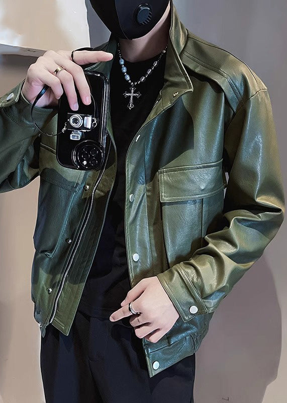 Modern Army Green Stand Collar Pockets Faux Leather Men Coats Spring RN018