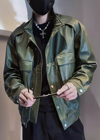 Modern Army Green Stand Collar Pockets Faux Leather Men Coats Spring RN018