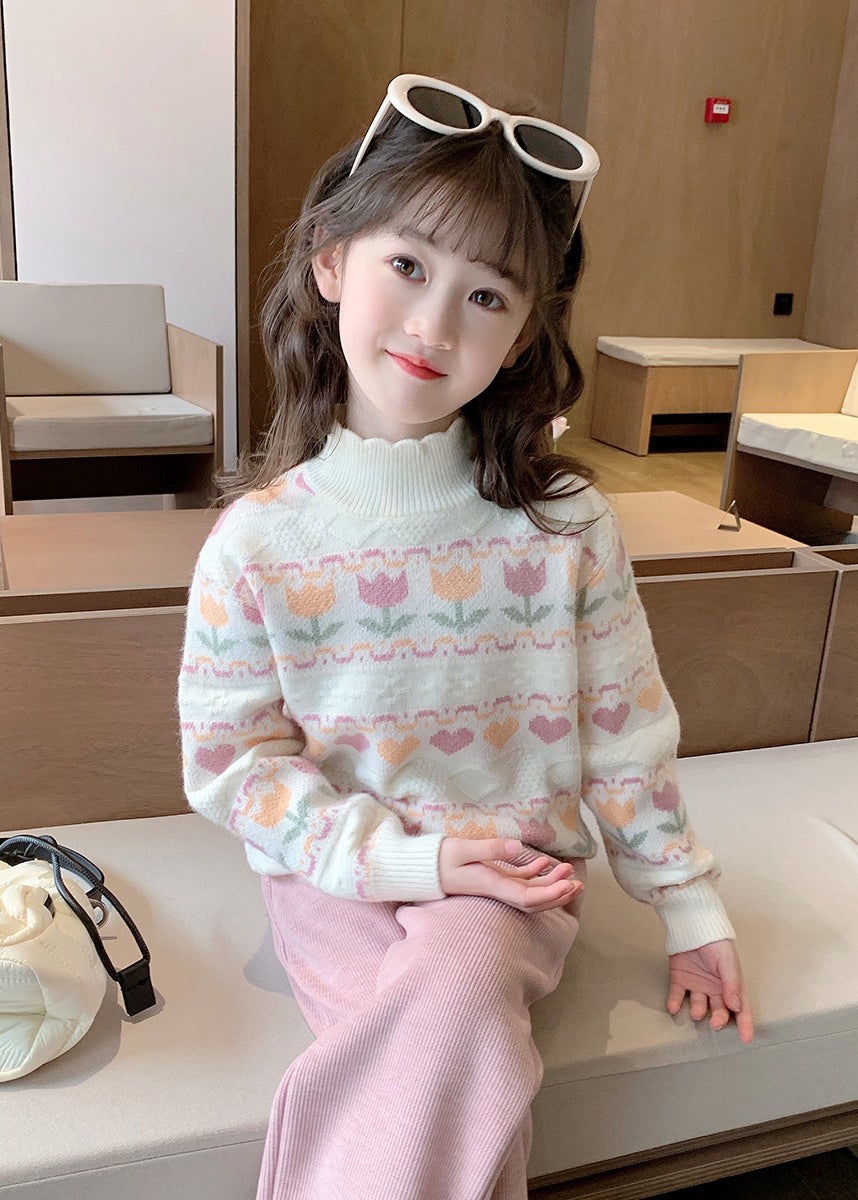 Modern Beige Ruffled Patchwork Cotton Knit Girls Sweater Spring TP039