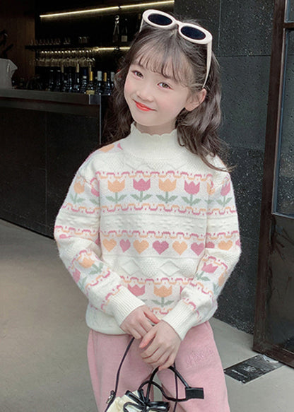 Modern Beige Ruffled Patchwork Cotton Knit Girls Sweater Spring TP039