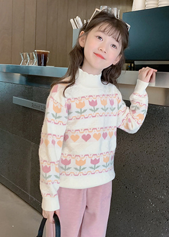 Modern Beige Ruffled Patchwork Cotton Knit Girls Sweater Spring TP039