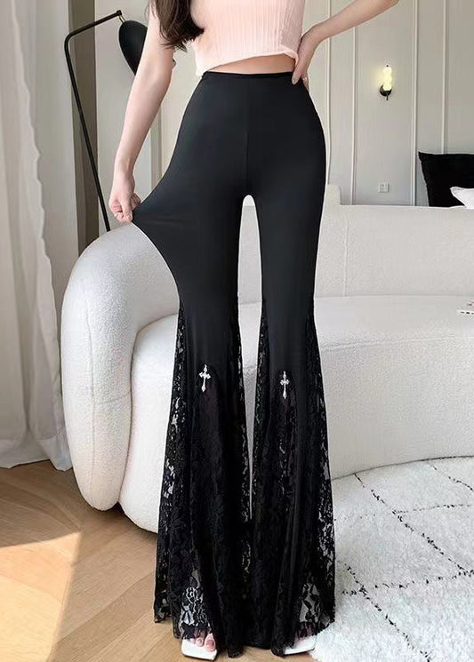 Modern Black Tummy Control Patchwork Lace Flared Trousers Spring YP012