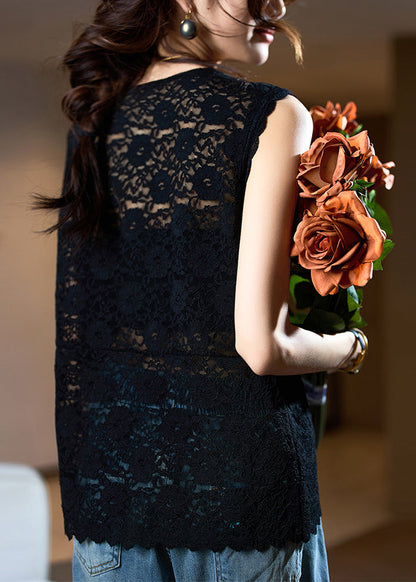 Modern Black V Neck Hollow Out Lace Top Sleeveless AC1013