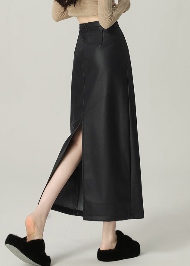 Modern Black Zippered Side Open Faux Leather Skirts Winter WL004