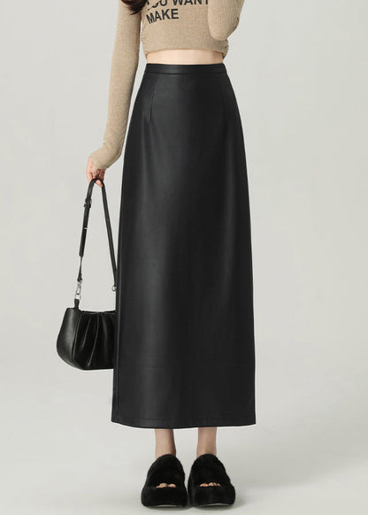 Modern Black Zippered Side Open Faux Leather Skirts Winter WL004