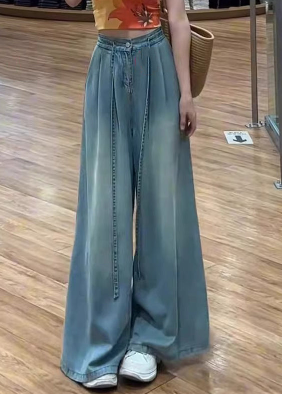 Lace Pants Blue Summer High Waist Up Modern Wide Leg Denim