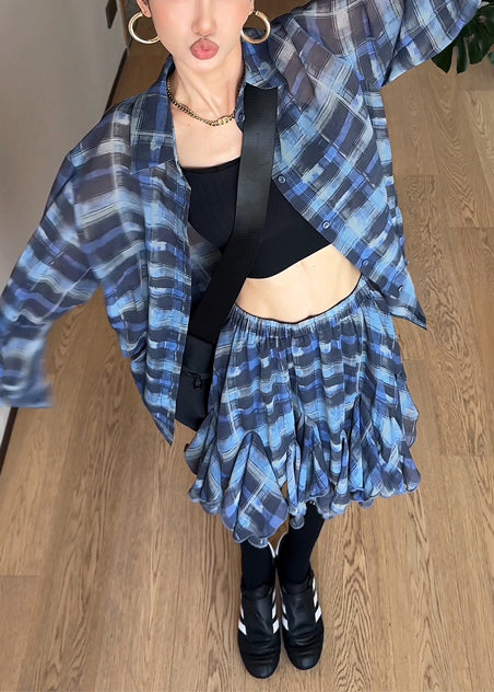 Chiffon Piece Outfits Summer Two Set Blue Plaid Modern Oversized