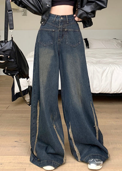 Modern Blue Pockets High Waist Denim Wide Leg Pants Fall PP041