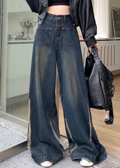 Modern Blue Pockets High Waist Denim Wide Leg Pants Fall PP041