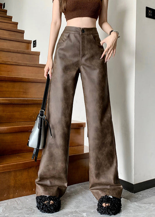 Modern Brown Pockets High Waist Faux Leather Pants Fall WL009