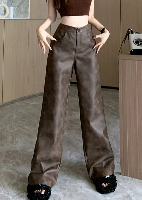 Modern Brown Pockets High Waist Faux Leather Pants Fall WL009