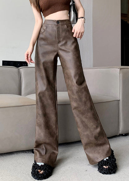 Modern Brown Pockets High Waist Faux Leather Pants Fall WL009