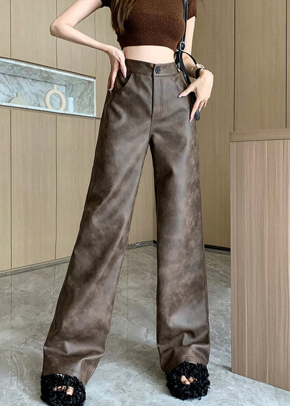 Modern Brown Pockets High Waist Faux Leather Pants Fall WL009