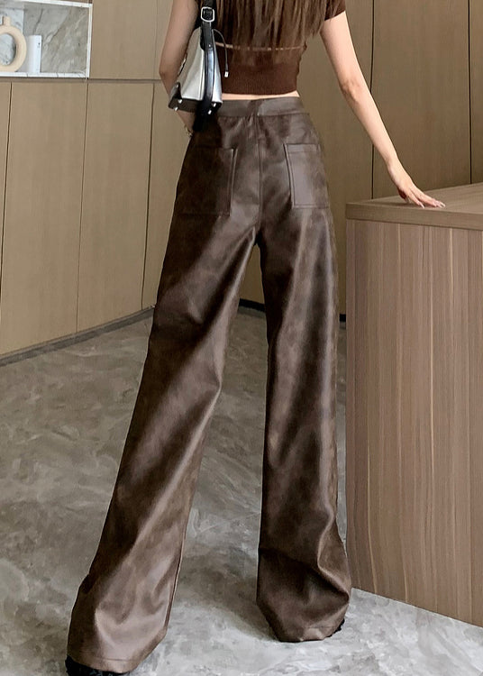 Modern Brown Pockets High Waist Faux Leather Pants Fall WL009