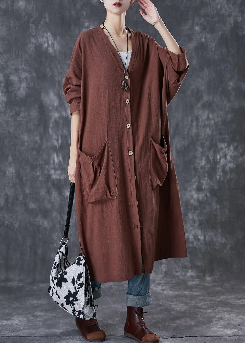 Modern Chocolate Oversized Pockets Linen Trench Spring Ada Fashion