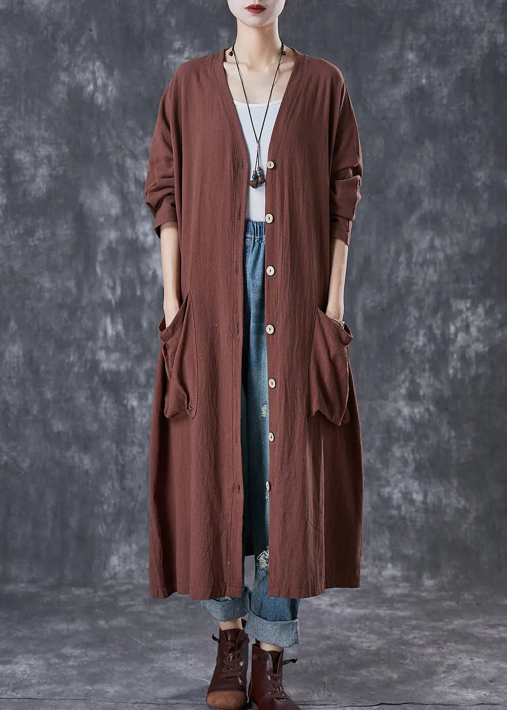 Modern Chocolate Oversized Pockets Linen Trench Spring Ada Fashion