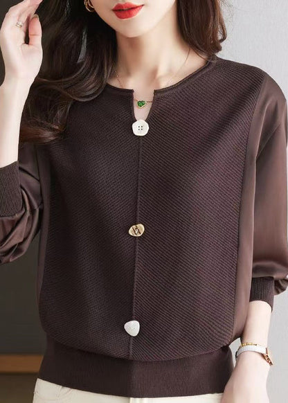 Modern Coffee O Neck Patchwork Knit Top Spring TQ019