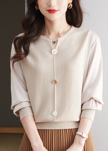 Modern Coffee O Neck Patchwork Knit Top Spring TQ019