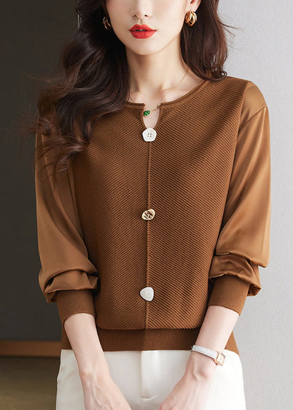 Modern Coffee O Neck Patchwork Knit Top Spring TQ019