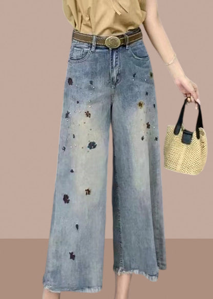 Modern Denim Blue Pockets High Waist Crop Wide Leg Pants Summer GH1015