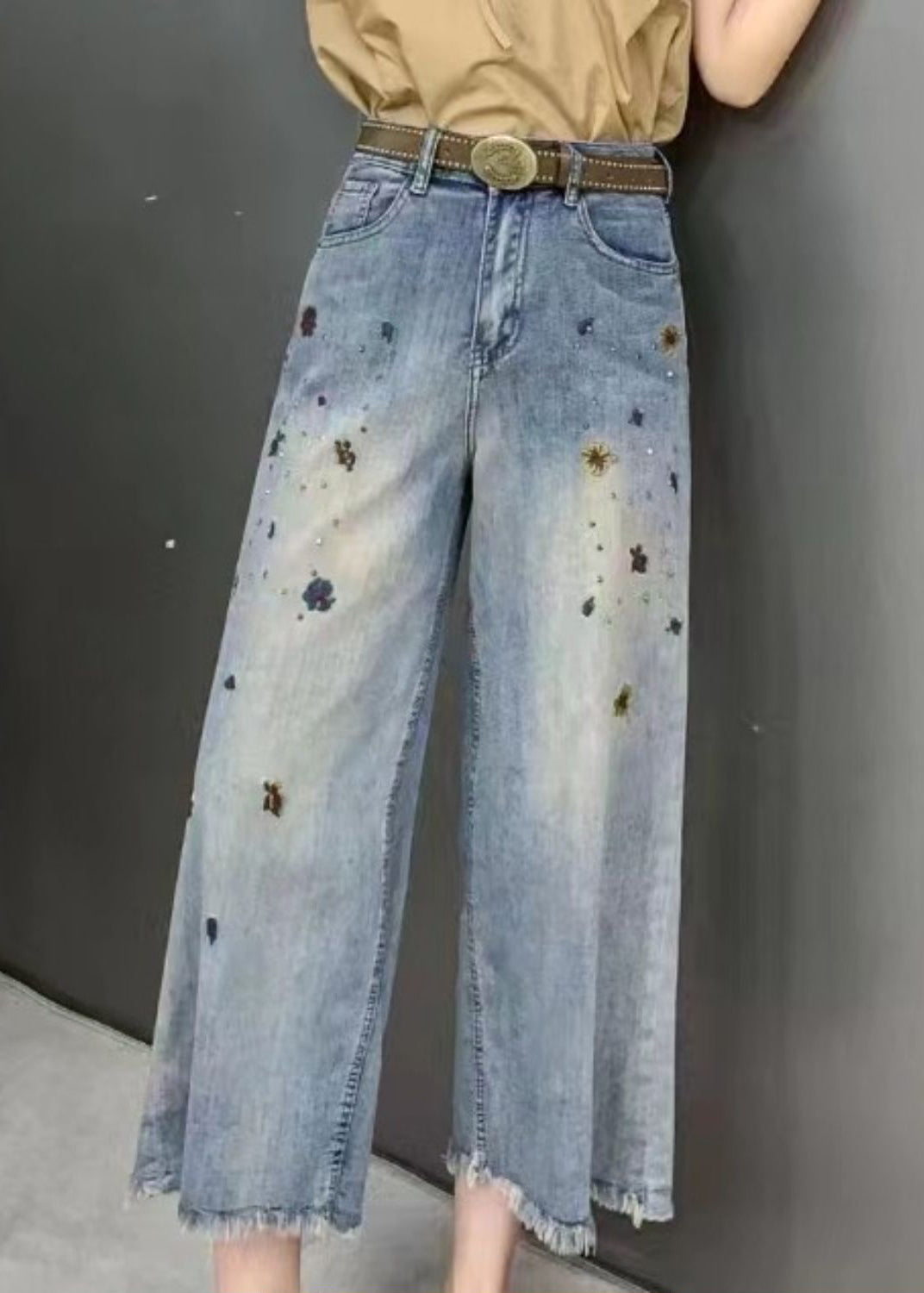 Modern Denim Blue Pockets High Waist Crop Wide Leg Pants Summer GH1015