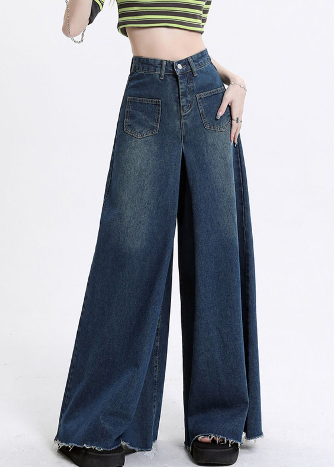 Modern Denim Blue Pockets High Waist Wide Leg Pants Fall AW1002