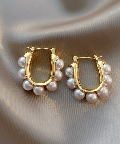 Modern Gold Sterling Silver Alloy Pearl Hoop Earrings WH021