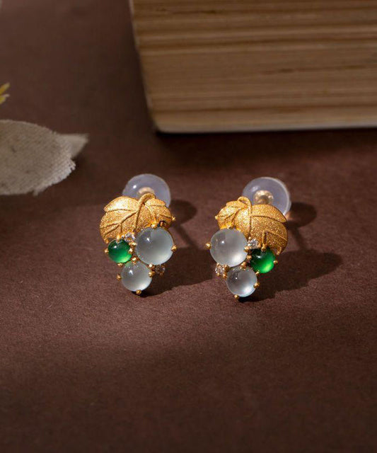 Boucles d'oreilles à tige en or surdoré en argent sterling et jade raisin moderne