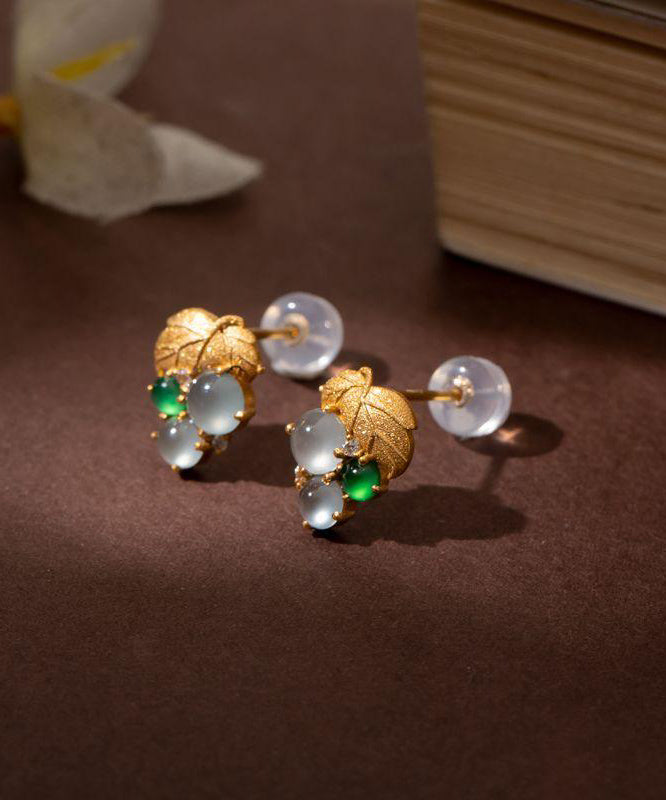 Boucles d'oreilles à tige en or surdoré en argent sterling et jade raisin moderne