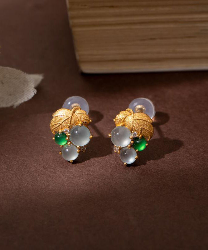 Boucles d'oreilles à tige en or surdoré en argent sterling et jade raisin moderne