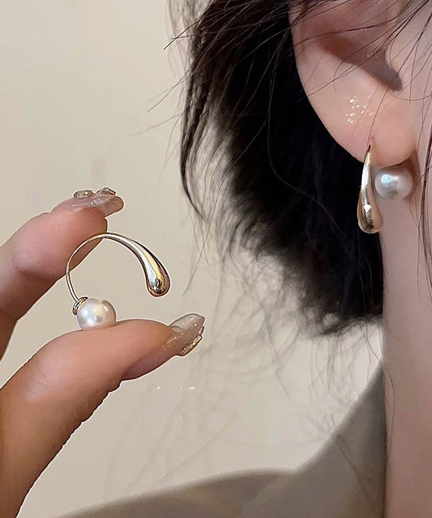 Modern Gold Sterling Silver Overgild Pearl Hoop Earrings GH1050