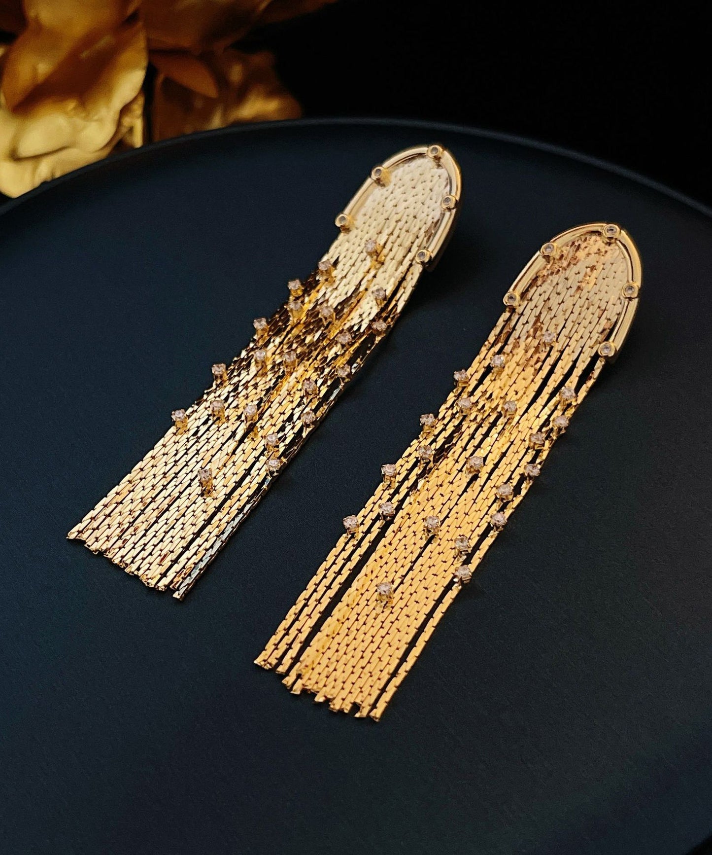 Modern Gold Sterling Silver Overgild Zircon Tassel Drop Earrings QQ060