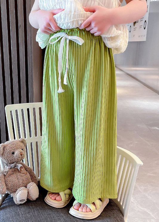 Modern Green Striped Patchwork Tie Waist Ice Silk Girls Pants GF025