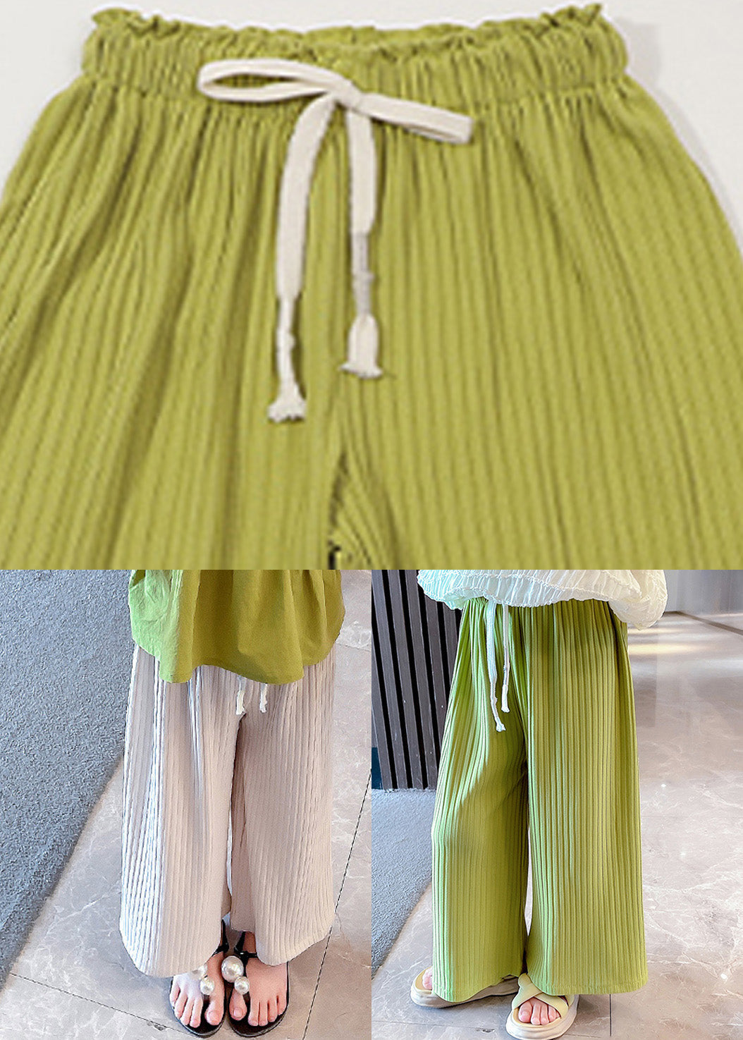 Modern Green Striped Patchwork Tie Waist Ice Silk Girls Pants GF025