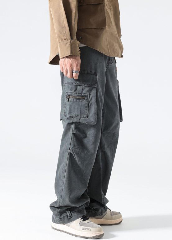 Hose Herren Frühling Taille Grau Baumwolle Taschen Modern