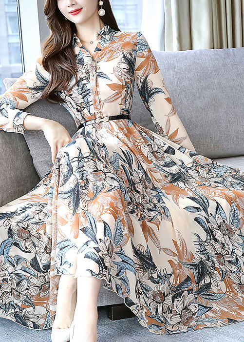 Modernes Chiffonkleid mit Khaki-Print und Bindegürtel für den Frühling OO023