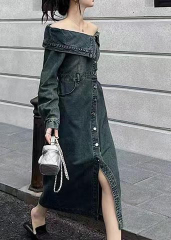 Cold Dresses Modern Denim Summer Shoulder Side Open Navy