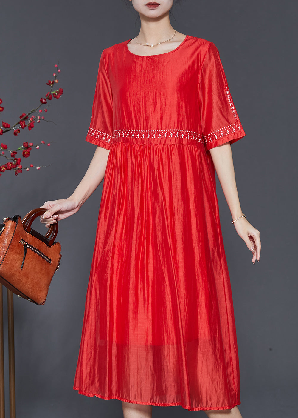 Robe d'été moderne en lin et soie brodée orange SD1094