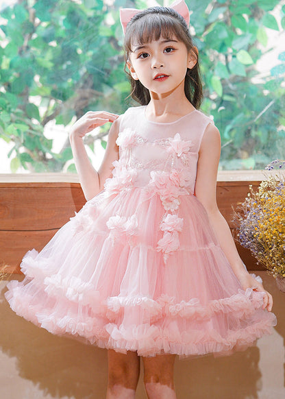 Modern Pink O-Neck Floral Tulle Kids Mid Dress Sleeveless EW016