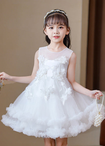 Modern Pink O-Neck Floral Tulle Kids Mid Dress Sleeveless EW016