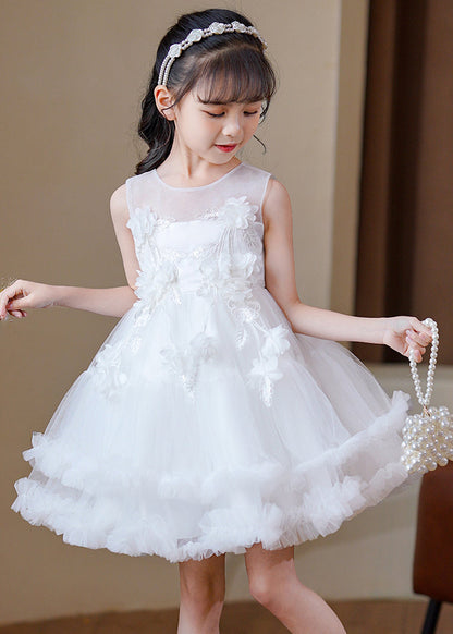 Modern Pink O-Neck Floral Tulle Kids Mid Dress Sleeveless EW016