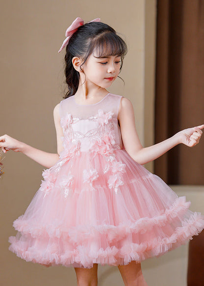 Modern Pink O-Neck Floral Tulle Kids Mid Dress Sleeveless EW016