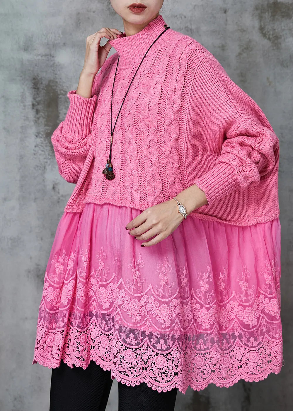 Modern Pink Oversized Patchwork Knit Long Sweater Spring Ada Fashion