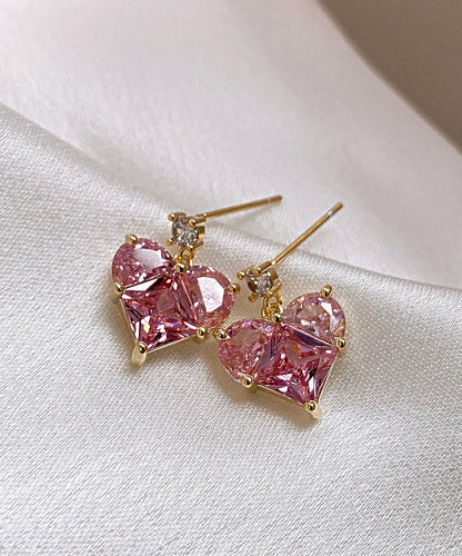 Modern Pink Sterling Silver Zircon Crystal Peach Heart Stud Earrings QJ056