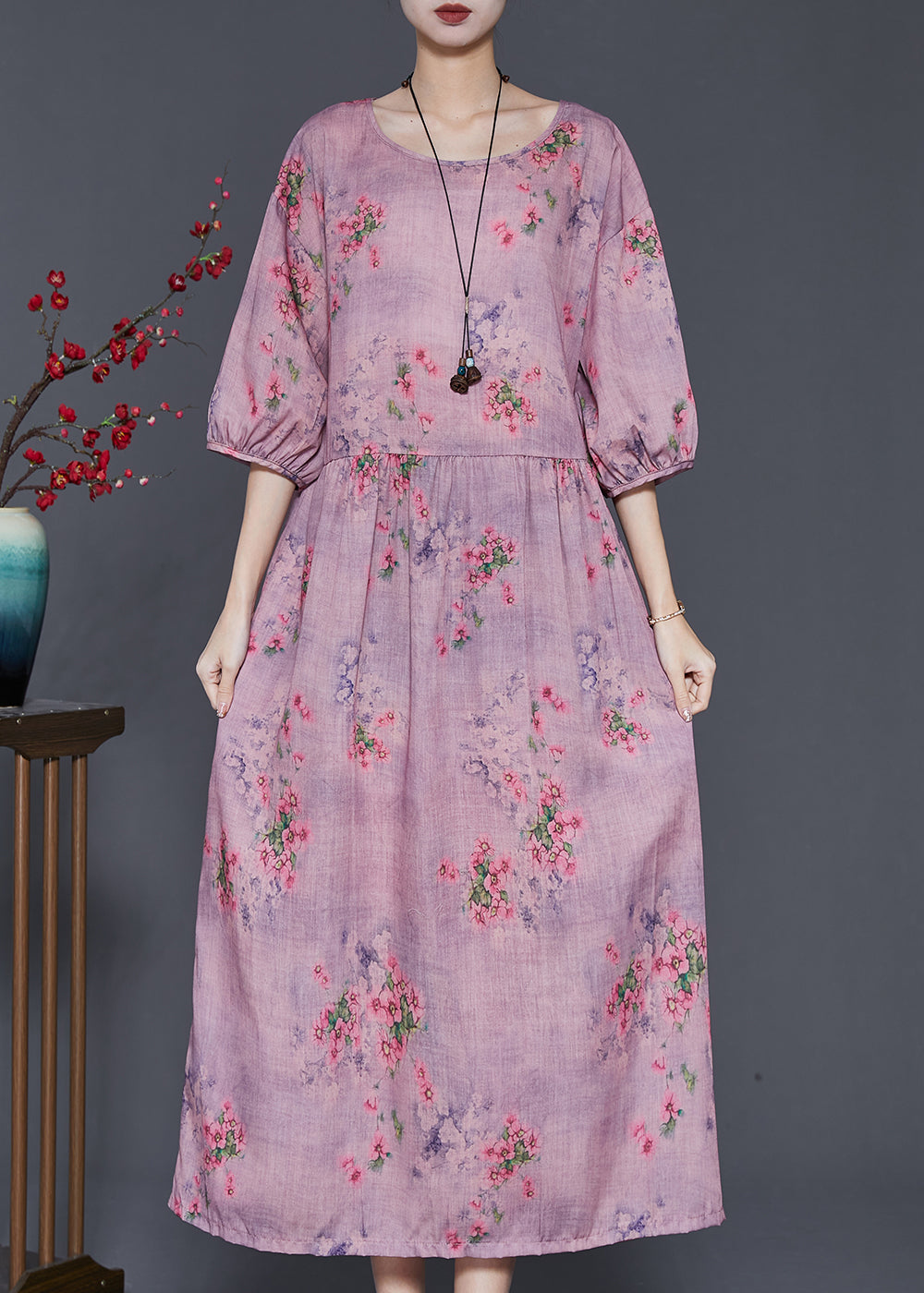 Robe d'été en lin à imprimé surdimensionné violet moderne SD1002