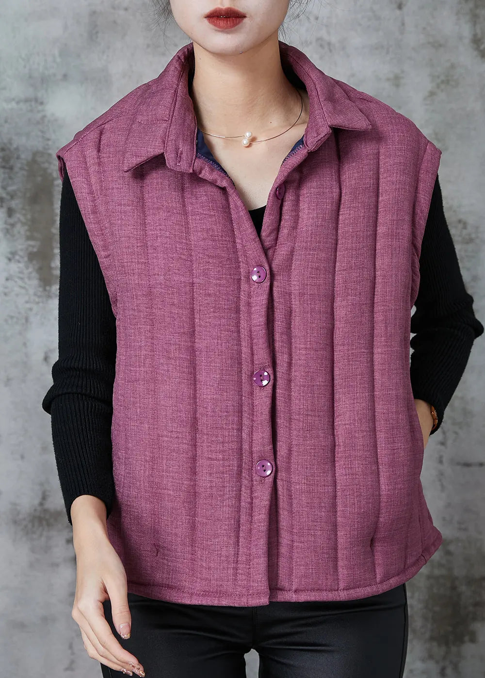 Modern Purple Peter Pan Collar Pockets Fine Cotton Filled Vests Spring Ada Fashion