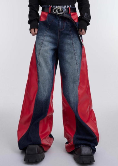 Modern Red Pockets Faux Leather Patchwork Pants Fall RK028