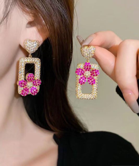 Modern Rose Sterling Silver Overgild Zircon Love Floral Rectangular Shape Drop Earrings DF1026